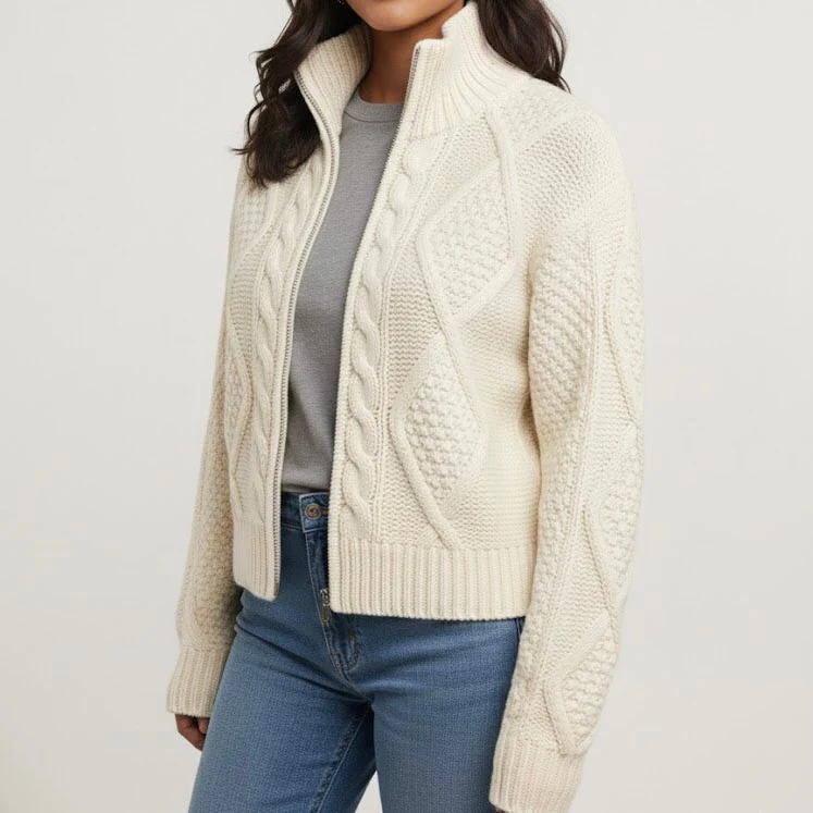 White Cayambe Alpaca Cable Knit Sweater - Image 3